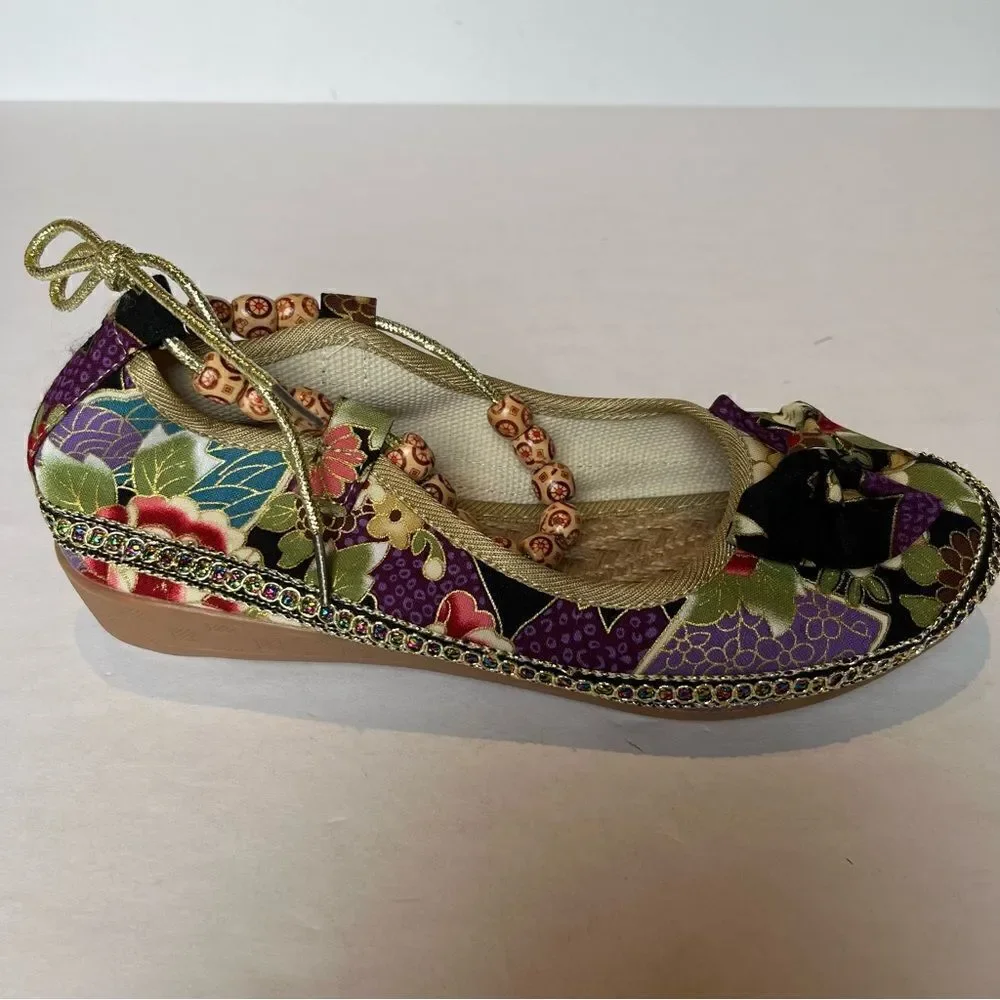 Women's Canvas Flat Floral Print Colorful with Beaded Ankle Tie Size 40